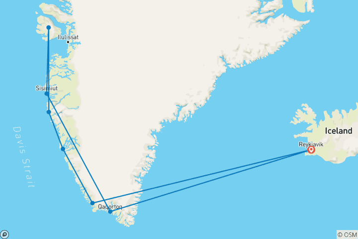 Karte von Greenland Sommer Entdeckungsreise - Kreuzfahrt unter der Mitternachtssonne