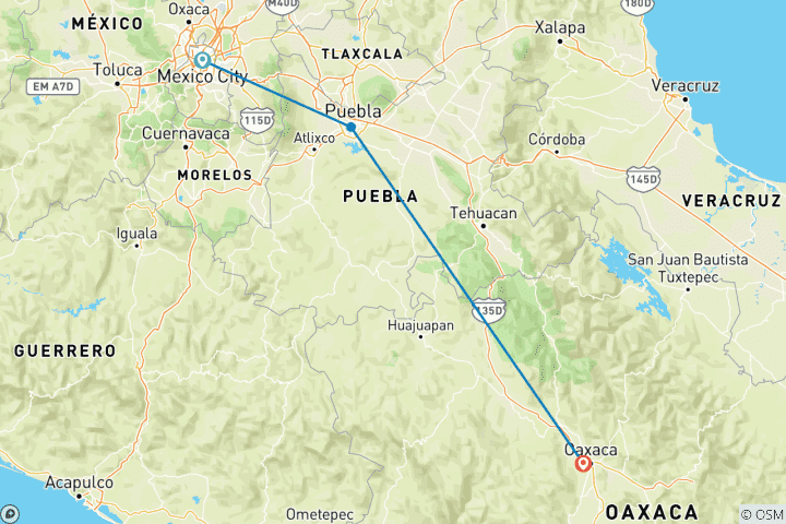 Map of Mexico City to Oaxaca: Pottery & Aztec Pyramids