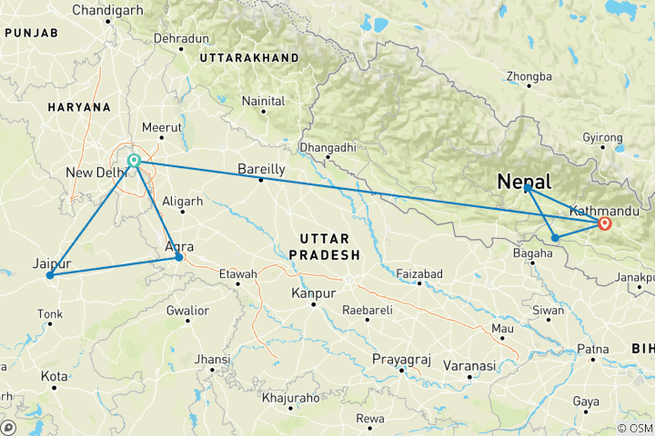 Map of India & Nepal Adventure