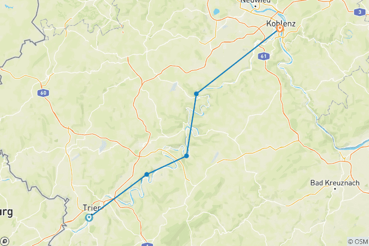 Kaart van Fietstocht langs de Moezel | Zelfgids | Trier naar Koblenz