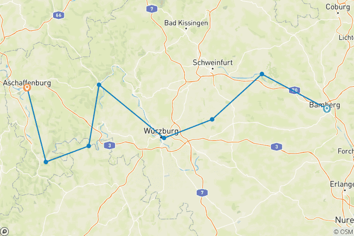 Kaart van Fietstocht langs de Main | Zelf gidsend | Bamberg naar Aschaffenburg