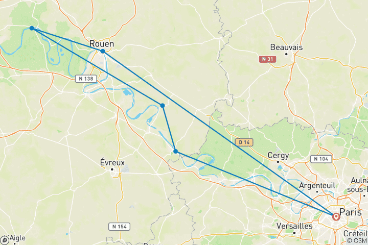 Carte du circuit France | Normandie, Paris & D-Day Experience | Excursion à vélo sur la Seine | Vélo et bateau