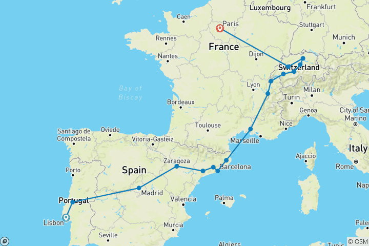 Mapa de Prime Portugal, España, Suiza y Francia 13 días