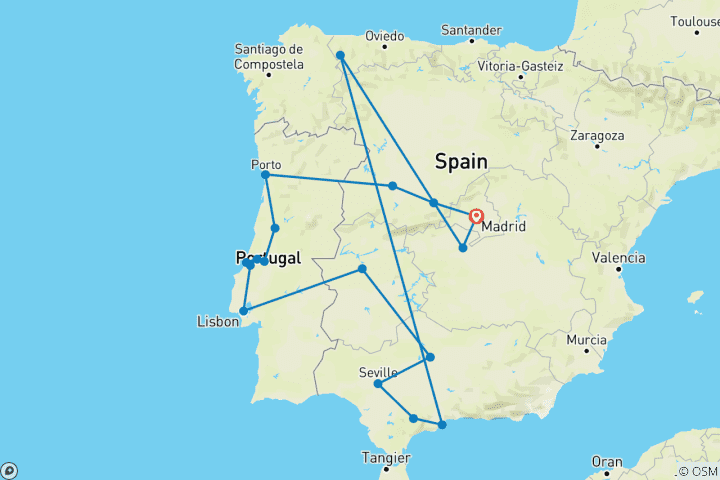 Kaart van Rondreis door Portugal & Andalusië – vanuit Madrid – 14 dagen