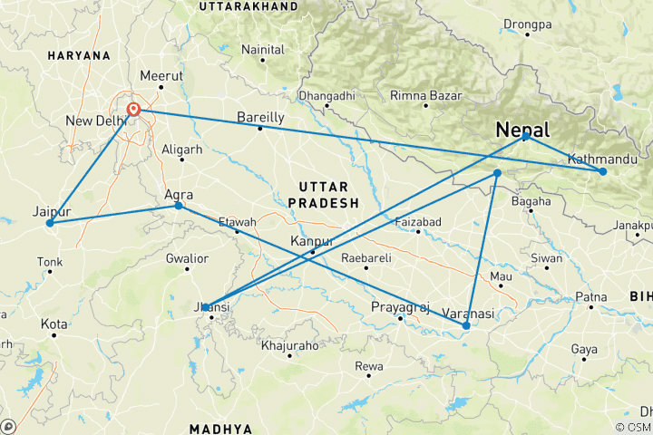 Map of Luxury Essence of India and Nepal, flights included