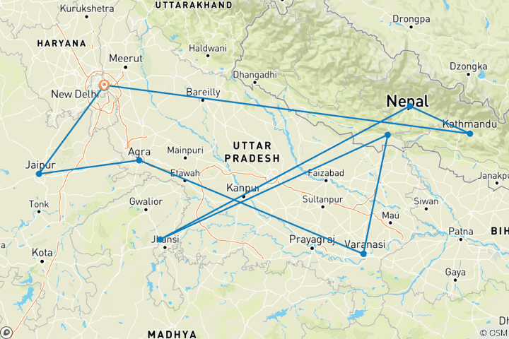 Mapa de Esencia de lujo de India y Nepal, vuelos incluidos