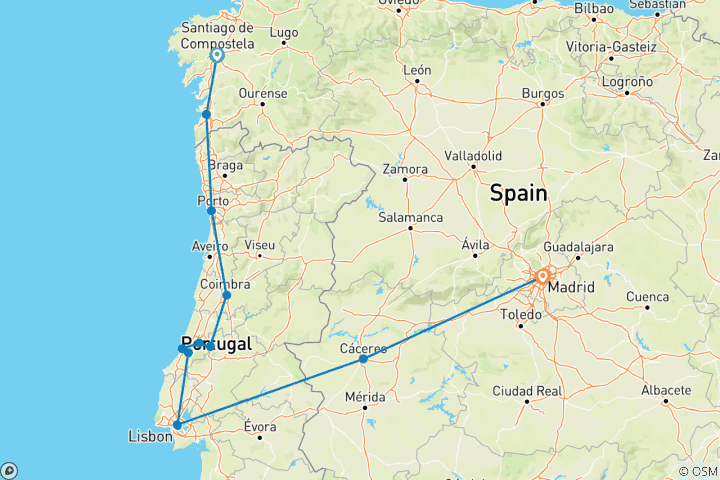 Carte du circuit Nord de l'Espagne et du Portugal, de Saint- Jacques-de-Compostelle à Madrid