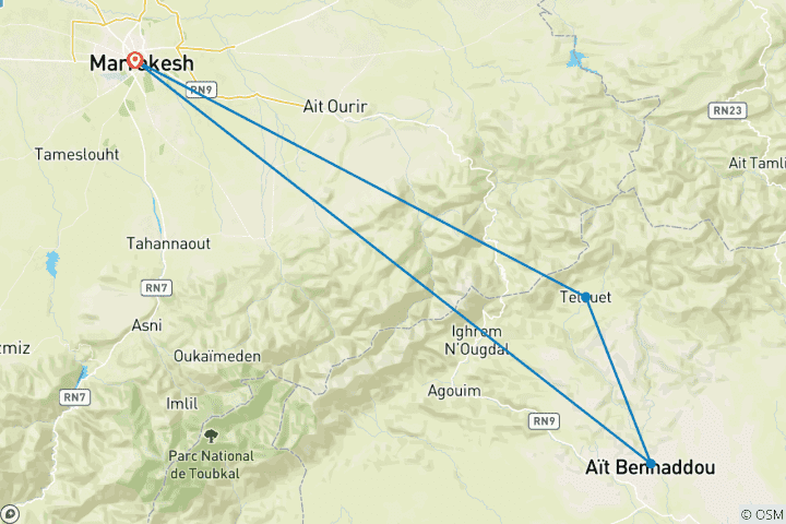 Map of Marrakech & Atlas Mountains - 5 days