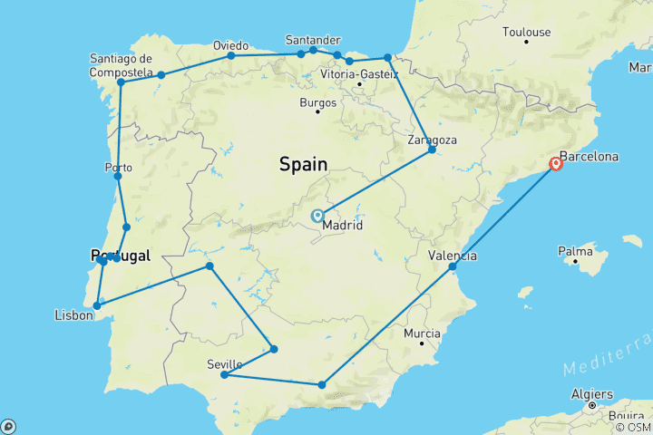 Kaart van De Iberische rondreis - vanuit Madrid - 20 dagen