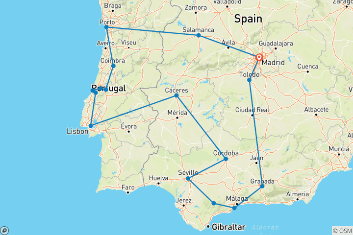 Kaart van Rondreis van Madrid naar Portugal en Andalusië - 14 dagen