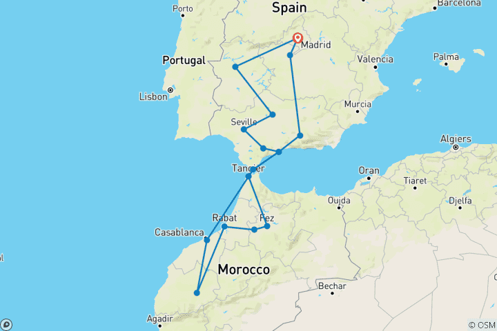 Carte du circuit 16 jours - Madrid, Andalousie et Maroc