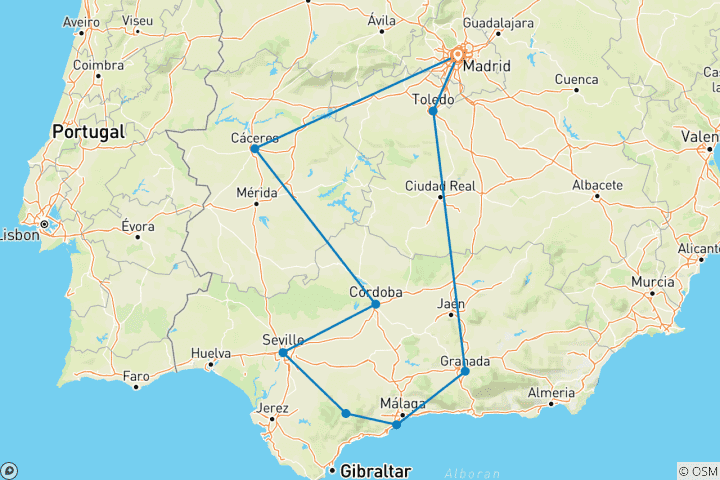 Kaart van Rondreis van Madrid naar Andalusië - 9 dagen