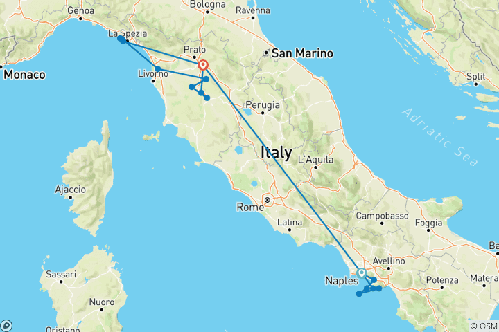 Carte du circuit Les incontournables de l'Italie (Côte amalfitaine, Toscane, Florence, Cinque Terre et plus encore...)