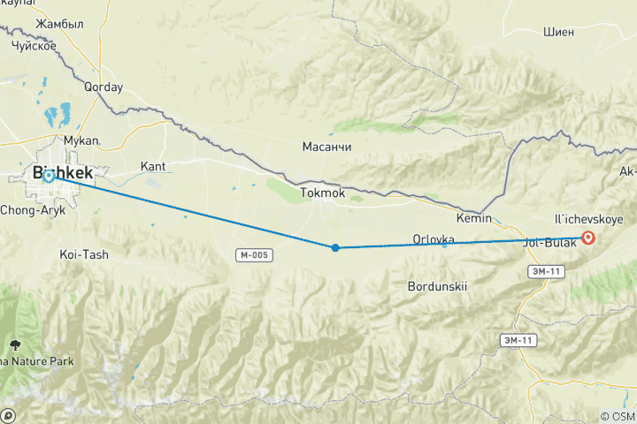 Map of Hot Spring and Horse-sleigh tour from Bishkek city Kyrgyzstan, 2 days