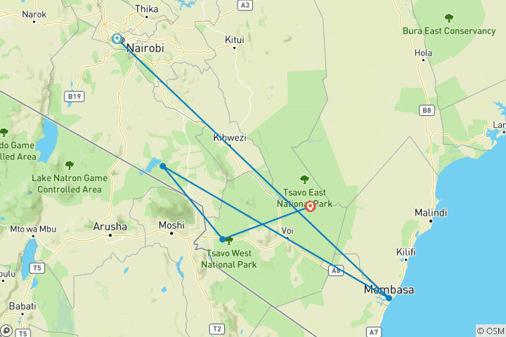 Carte du circuit 5 jours de safari - Amboseli- Parc Tsavo - Fin de séjour à la plage