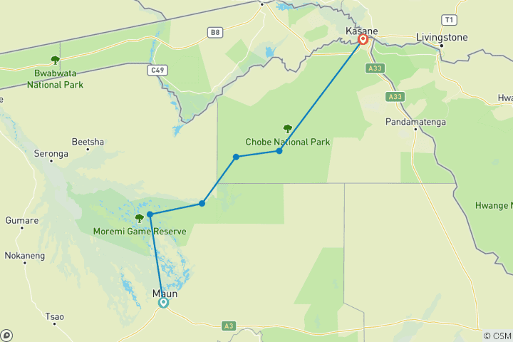 Map of Kwai,Moremi Game Reserve,Savuti and Chobe National Park 09Days/08Nights