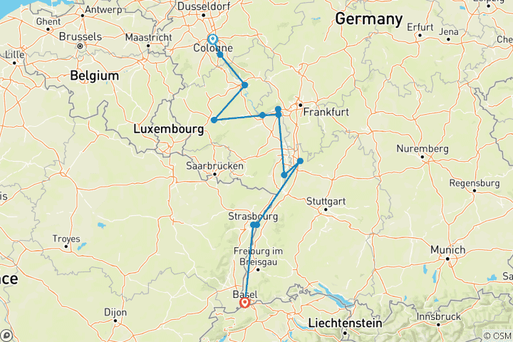 Carte du circuit Marchés de vacances sur le Rhin (2024) (de Cologne à Bâle, 2024)