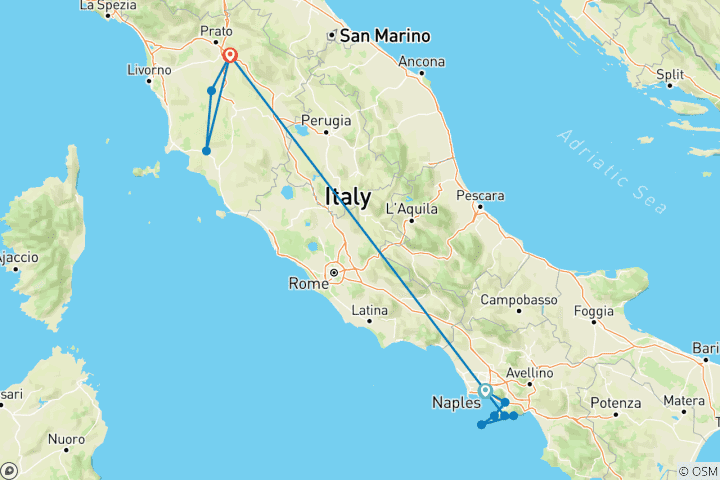 Kaart van Amalfikust & Toscane: 7-daagse rondreis
