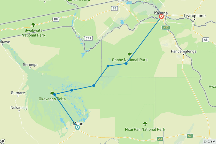 Map of Tailor-Made Botswana Tour with Mobile Camping Safari, Daily Departure