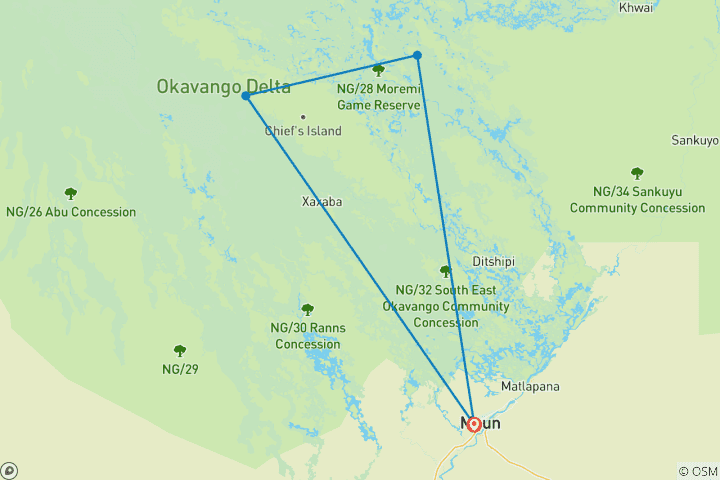 Carte du circuit Aventure sur mesure au Botswana dans le delta de l'Okavango avec départ quotidien