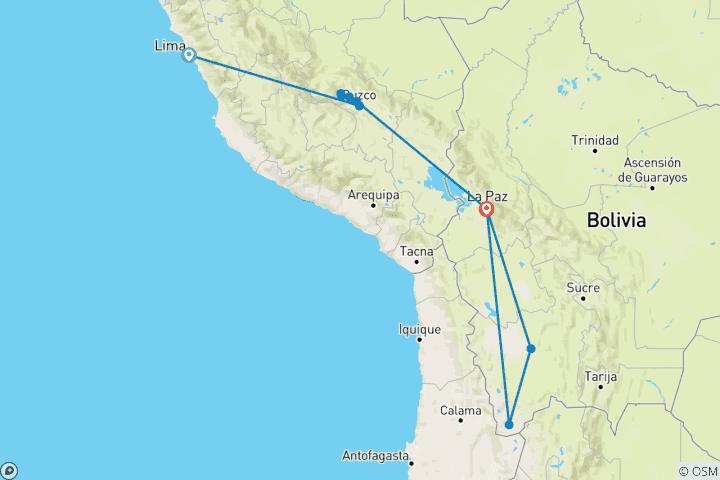 Mapa de Tour a medida de 13 días por Perú y Bolivia, con salida diaria y guía exclusivo