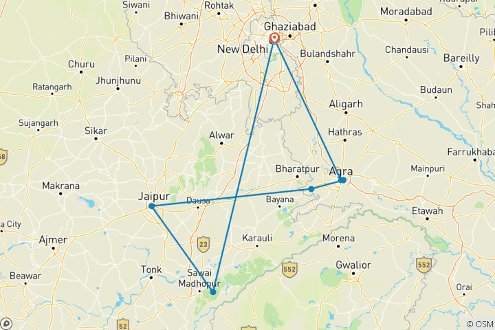 Map of Golden Triangle Tour with Ranthambore Tiger National Park