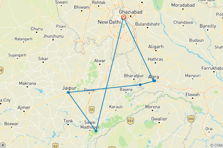 Map of Golden Triangle Tour with Ranthambore Tiger National Park