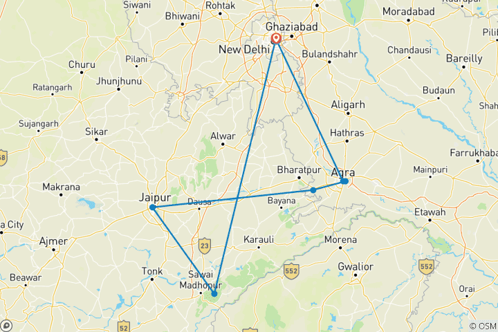 Map of Golden Triangle Tour with Ranthambore Tiger National Park