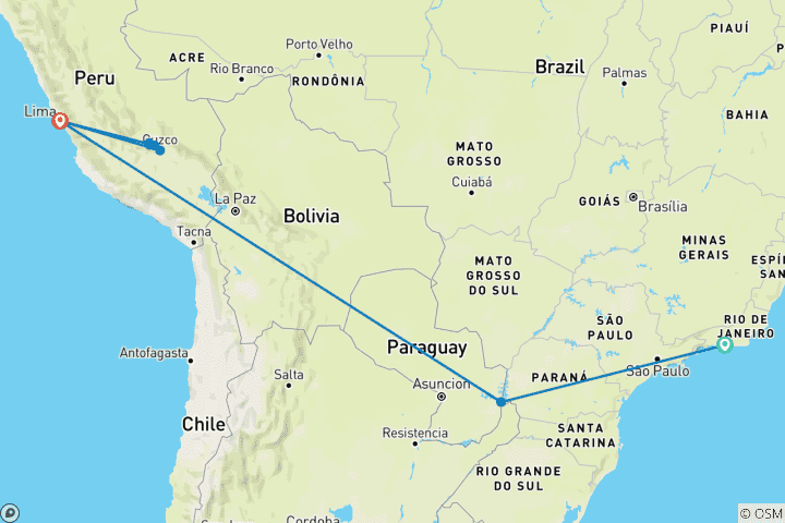 Map of Tailor-Made 12 Days Private Tour to Brazil and Peru, Daily Depart & Private Guide