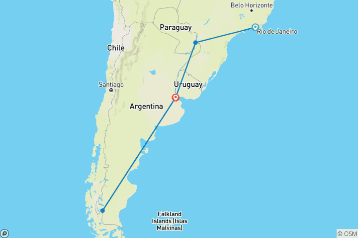 Mapa de Aventura personalizada a Brasil y Argentina con salida diaria