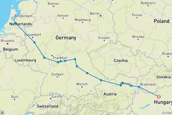 Map of Across Europe - Amsterdam to Budapest (Amsterdam - Budapest) (16 destinations)