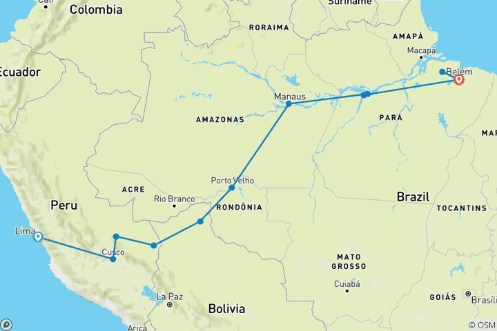 Karte von Amazonas pur – von der Quelle bis zur Mündung