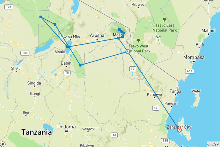 Map of Kilimanjaro, Safari and Zanzibar