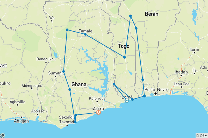 Carte du circuit Or Ashanti, vaudou et animaux sauvages