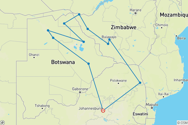 Karte von Groß-Simbabwe-Ruinen und Safariparadiese