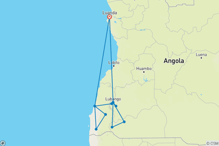 Map of Between Namibe Desert, Chela Mountains and Kunene River