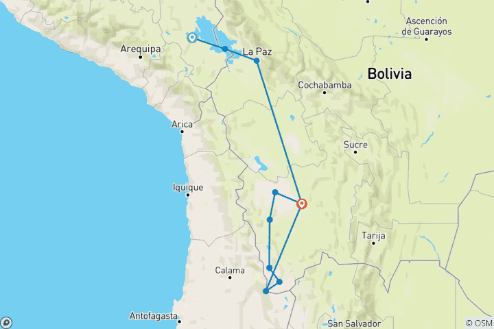 Map of The Best of Bolivia from Puno: Copacabana, Sun Island, La Paz, Uyuni Flats & All Lagoons - 5 DAYS