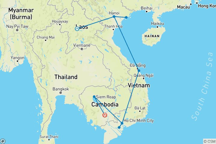 Map of Incredible Indochina in 15 Days - Laos, Vietnam, Cambodia