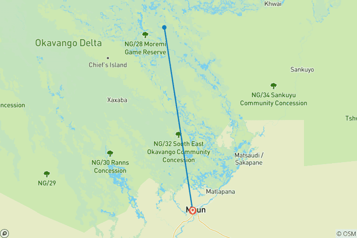 Carte du circuit Safari de 4 jours en camping mobile dans le delta de l'Okavango et à Moremi