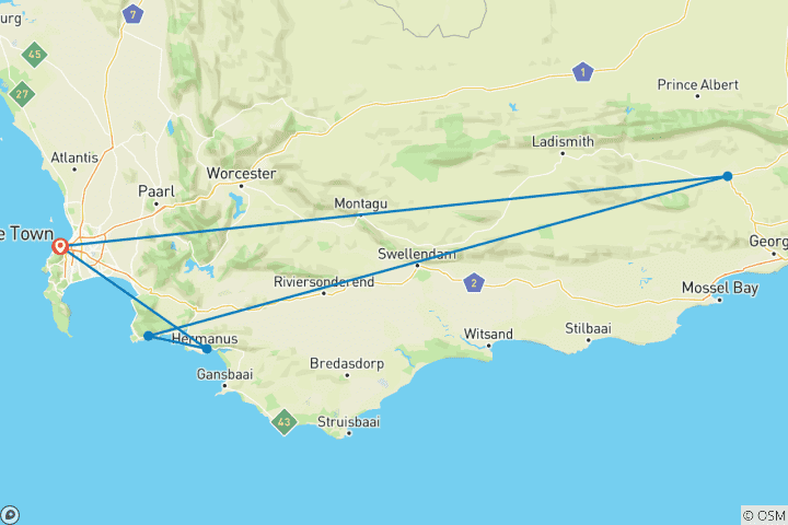 Carte du circuit Oudtshoorn Adventure Safari 5jours/ 4nuits