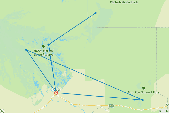 Carte du circuit Safari en camping mobile au Botswana - Okavango, Moremi, Savuti, Nxai Pans - 10 jours