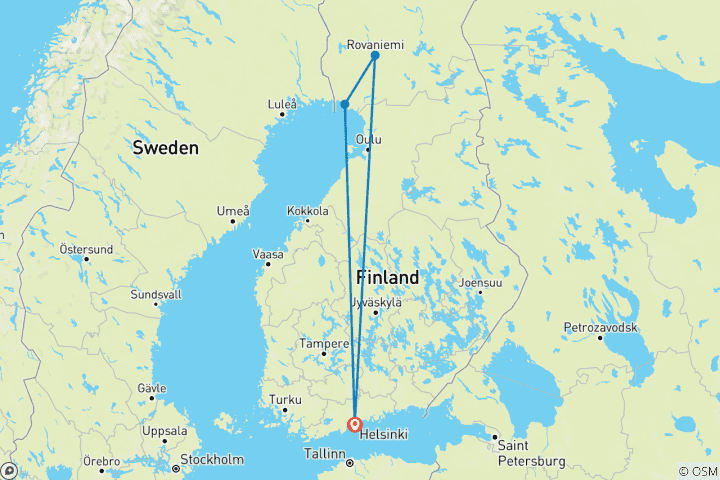 Map of Tailor-Made 7 Days Finland Adventure to Lapland