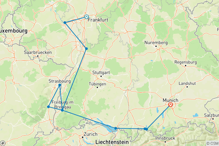 Carte du circuit Circuit privé sur mesure de 8 jours en Allemagne en Bavière, départ quotidien