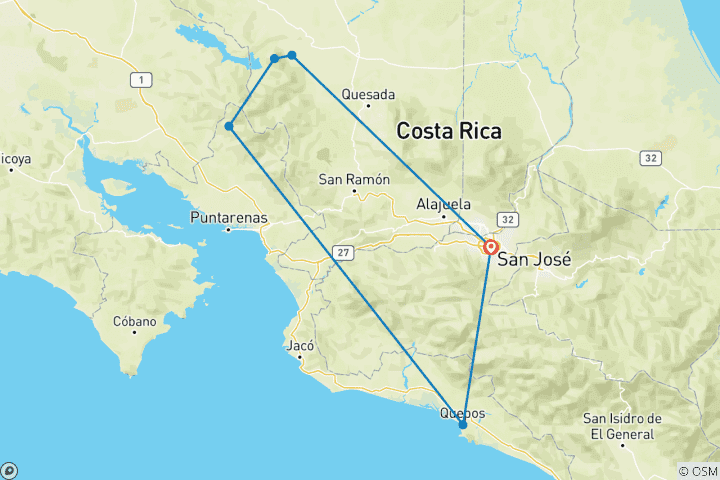 Kaart van Costa Rica: San José, La Fortuna, Arenal Monteverde & Quepos - 9 dagen