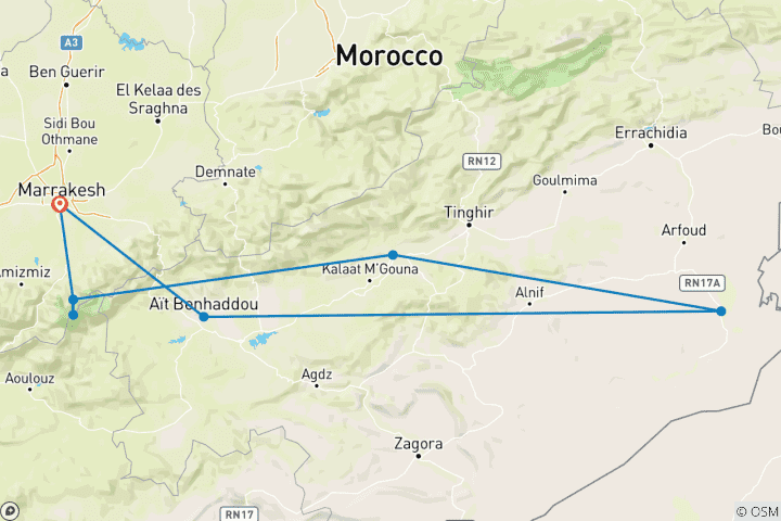 Kaart van Altas berg en woestijn tour gecombineerd Marokko - 8 dagen