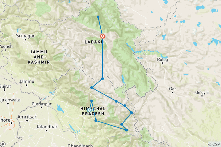 Map of Great Himalayan Challenge Motorcycle Tour