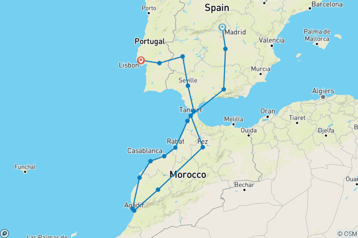 Karte von Andalusien, Lissabon und marokkanische Hauptstädte (von Madrid bis Estoril)