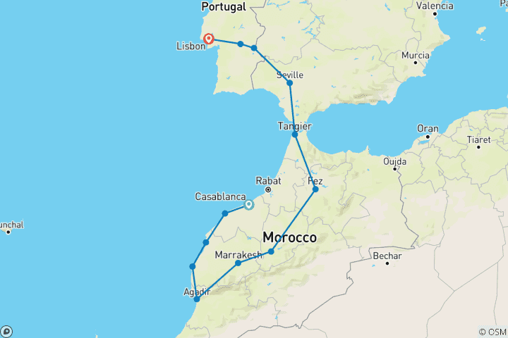 Map of Atlantic Route, From Casablanca to Lisbon (including Monsaraz)