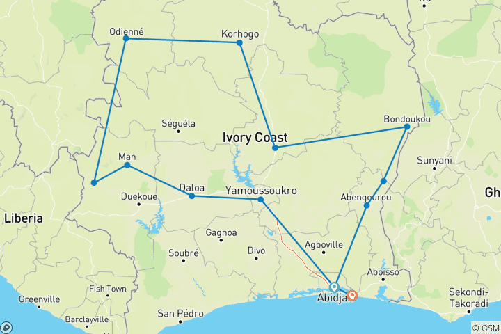 Carte du circuit Masques dansants, guérisseurs animistes et rois traditionnels