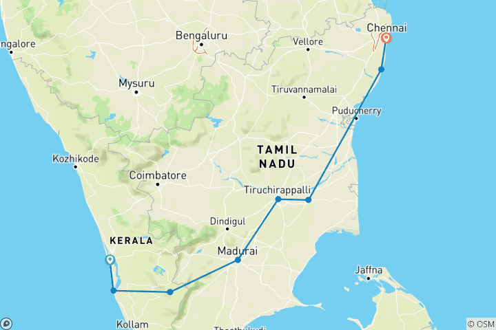 Map of South India Explore from Kochi to Alleppey, Madurai, Thanjavur and Chennai etc.